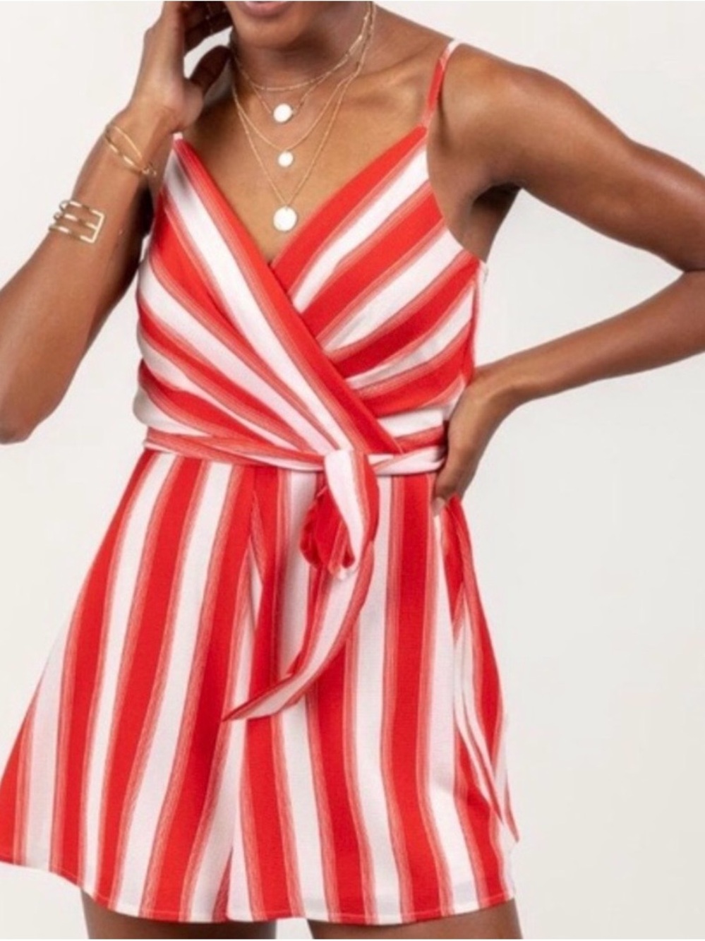 Trixxi Red & Cream Striped Wrap-Front Mini Dress